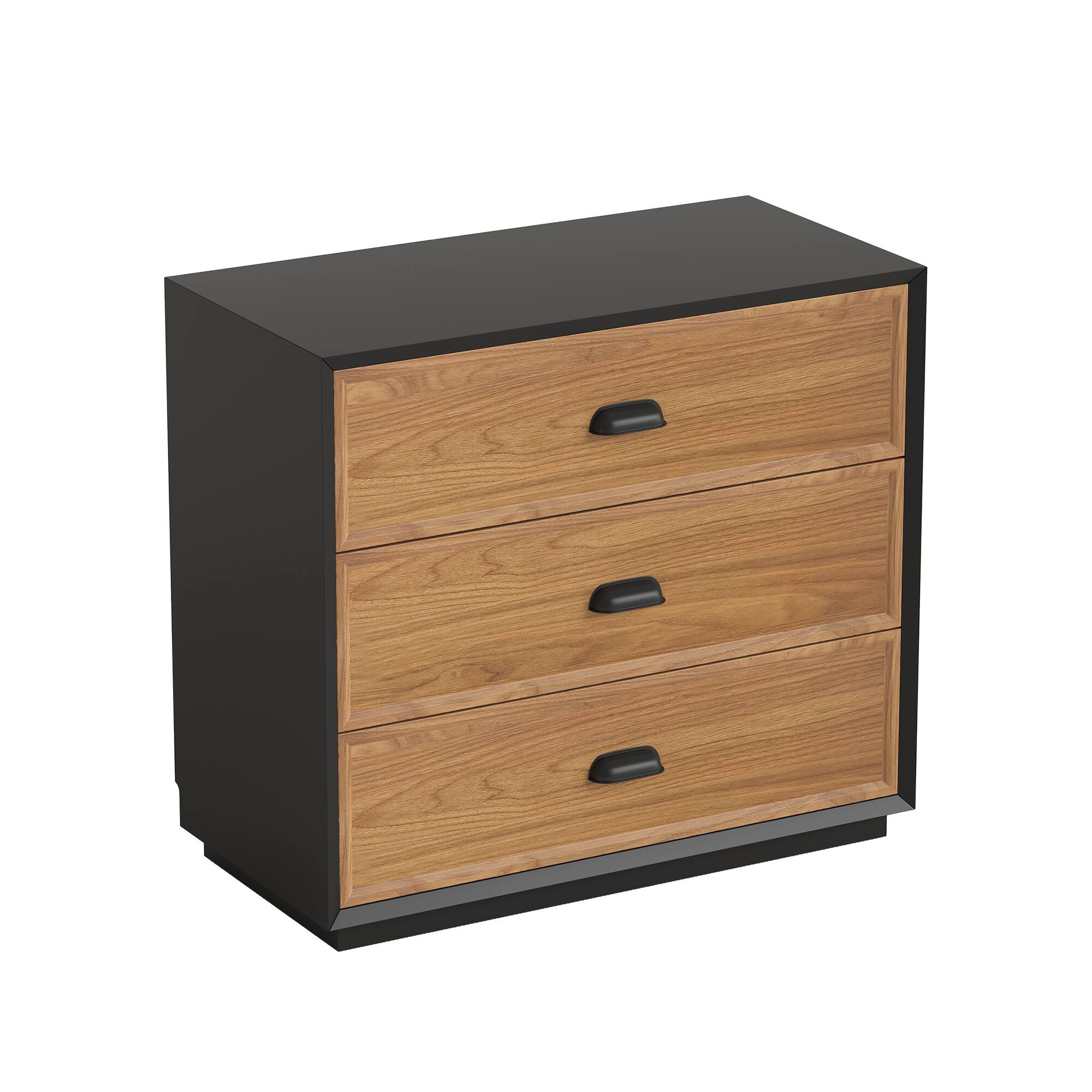 Alt View 4. luck idea - Mid-Century Modern 31.49" Solid Wood Nightstand with 3 Drawers, Bedside Table - Walnut Color.