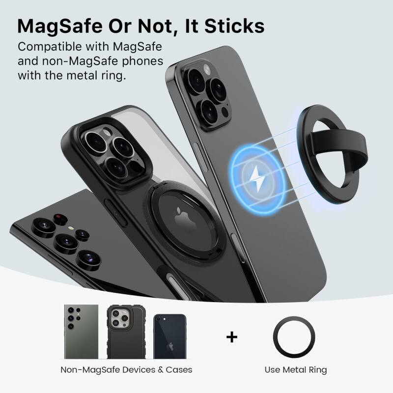 MagSafe Or Not, It Sticks
Compatible with MagSafe and non-MagSafe phones with the metal ring.

+ Non-MagSafe Devices & Cases
Use Metal Ring