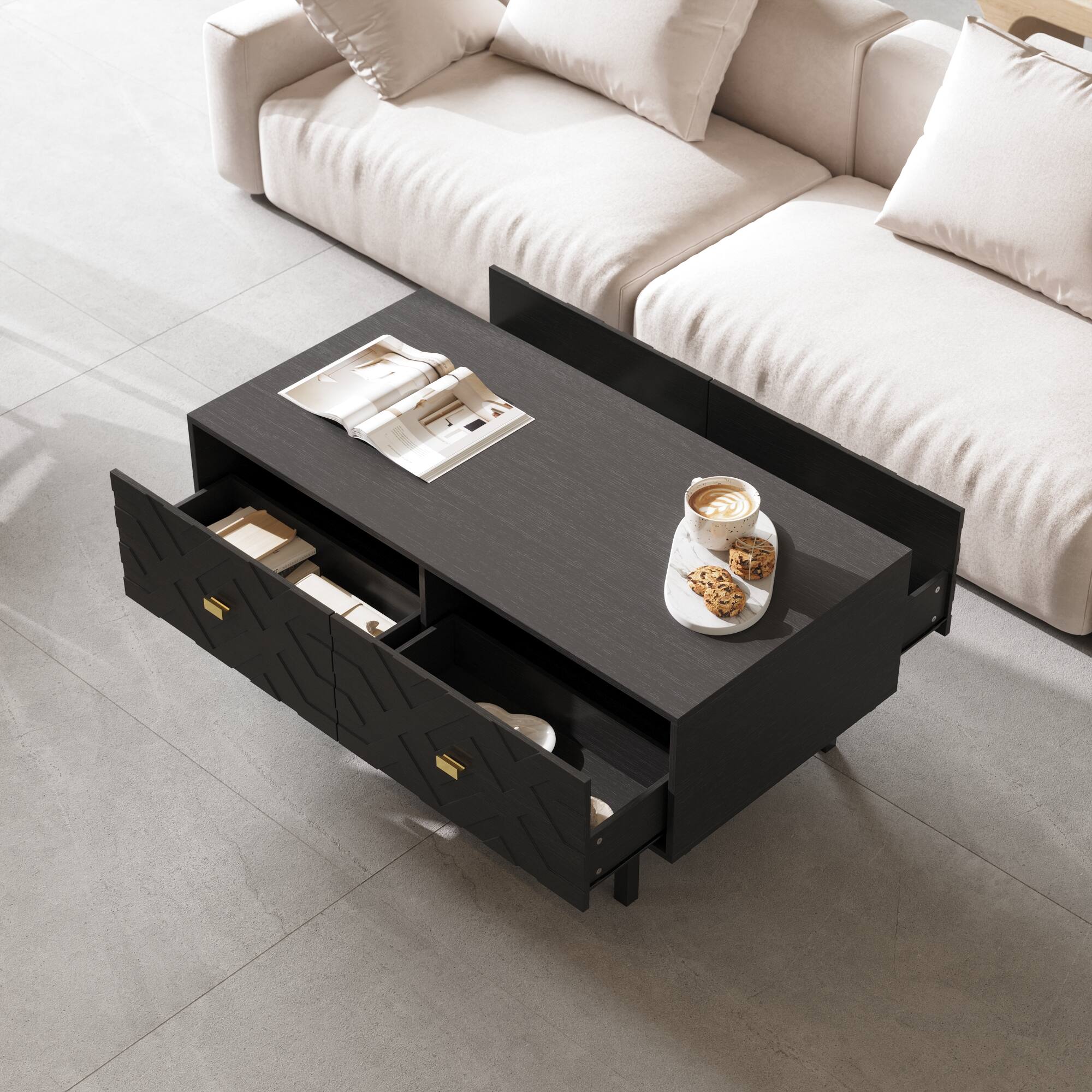 Alt View 1. FUFU & GAGA - Embossed Coffee Table with Dual Drawers and Artistic Carved Design for Living Room - Black.