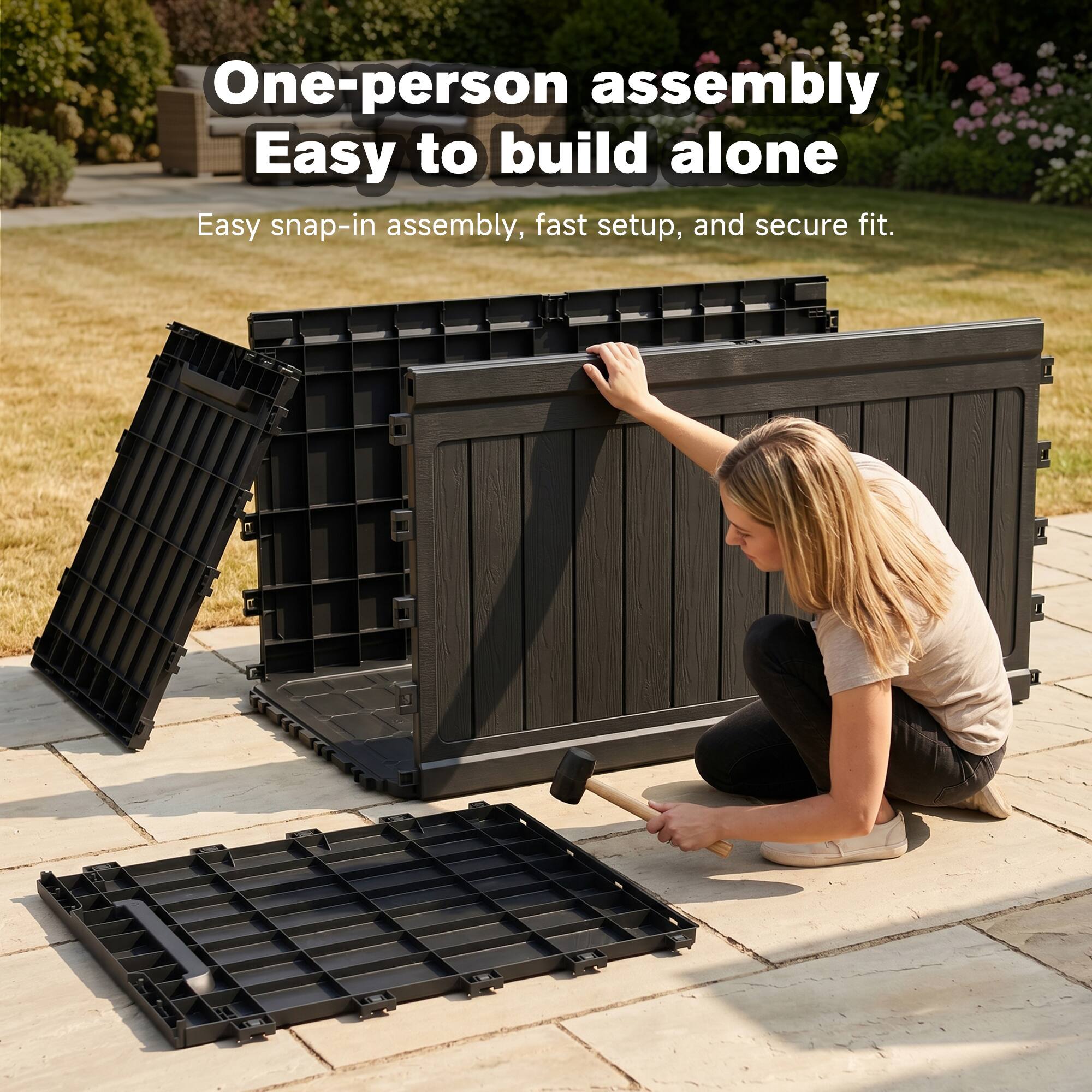 One-person assembly  
Easy to build alone  
Easy snap-in assembly, fast setup, and secure fit.