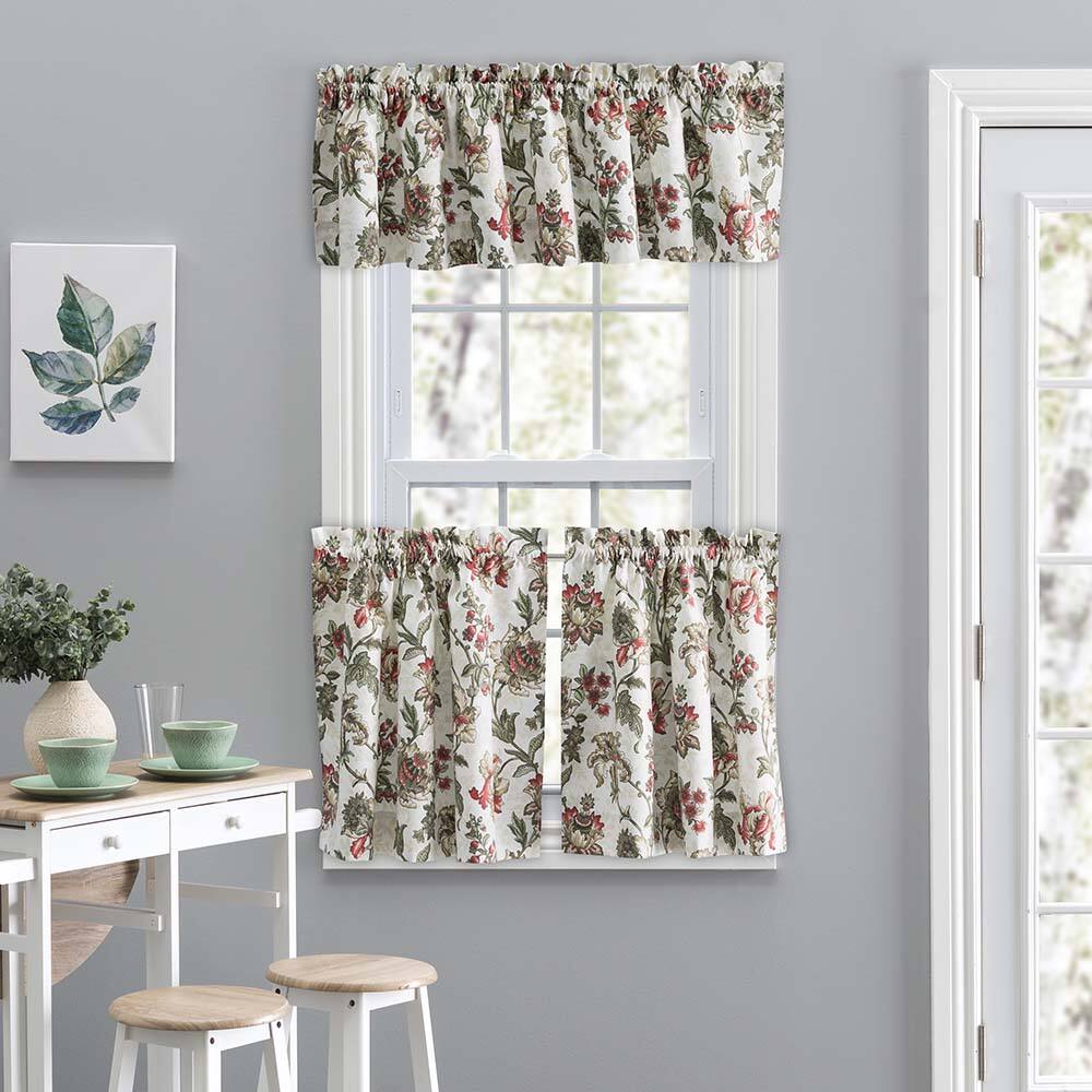 Angle. Ellis Curtain - Ellis Curtain Madison Floral Design Printed Natural Ground 1.5" Rod Pocket Tailored Tier 56" x 36" Brick - Brick.