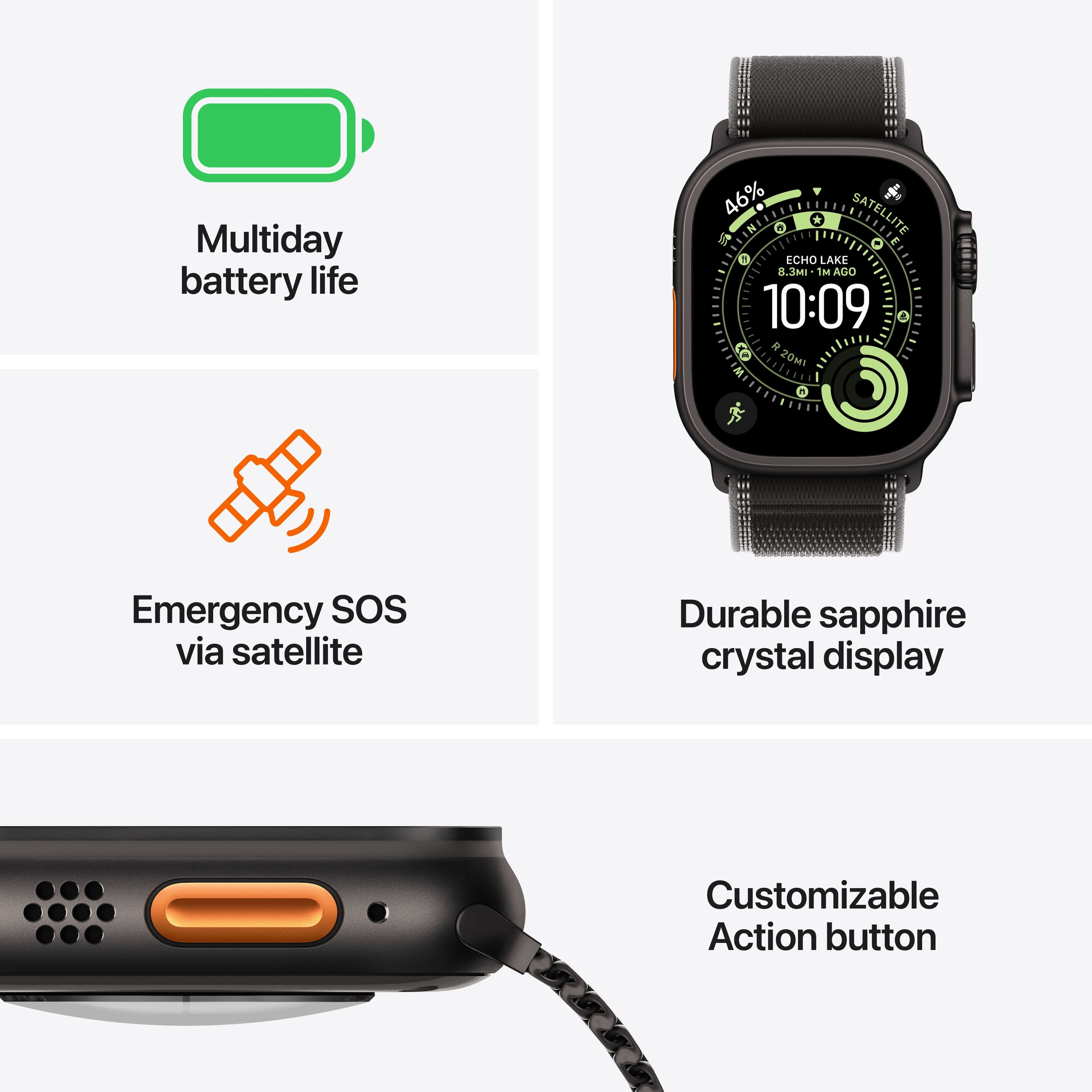 - Multiday battery life
- Emergency SOS via satellite
- Durable sapphire crystal display
- Customizable Action button