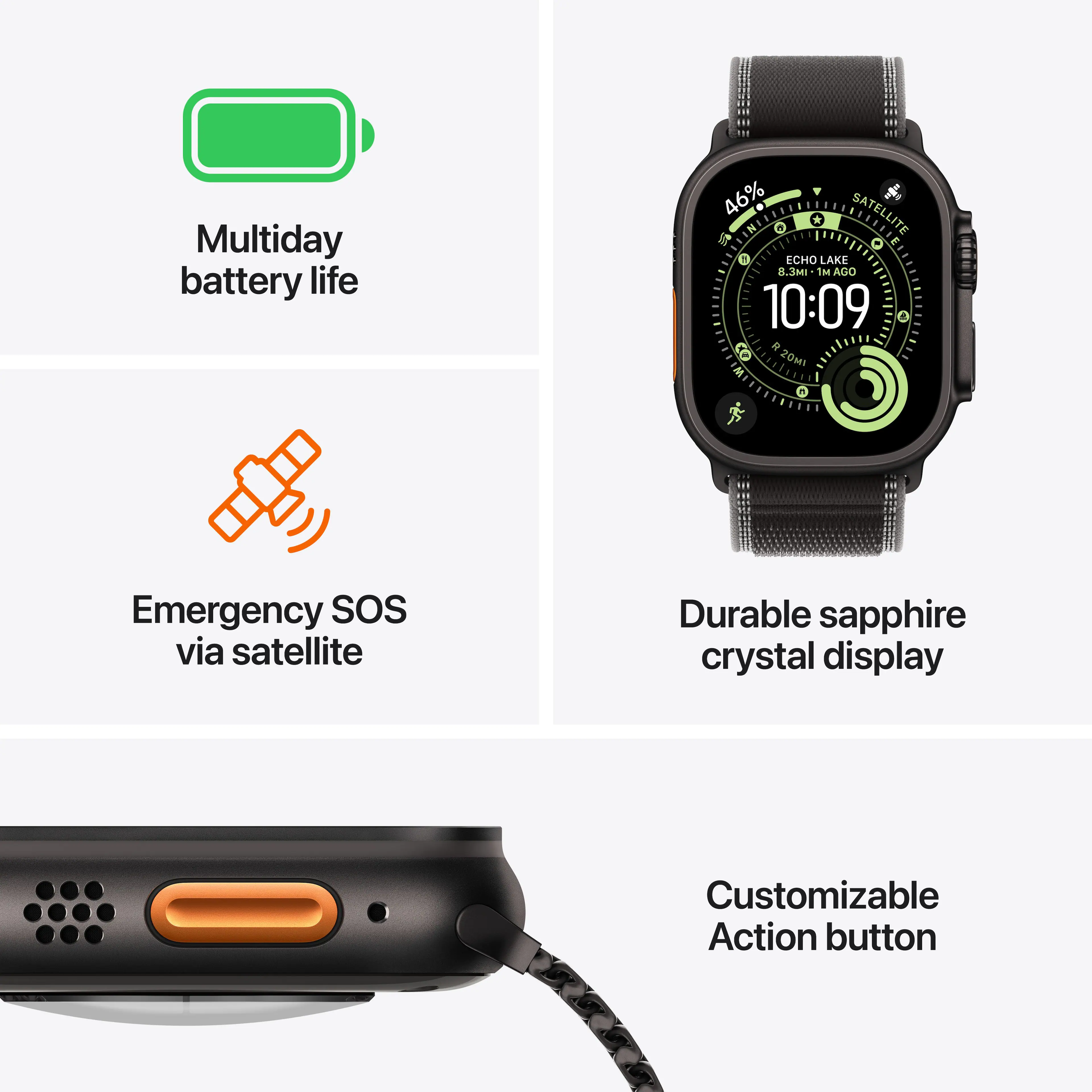 - Multiday battery life
- Emergency SOS via satellite
- Durable sapphire crystal display
- Customizable Action button