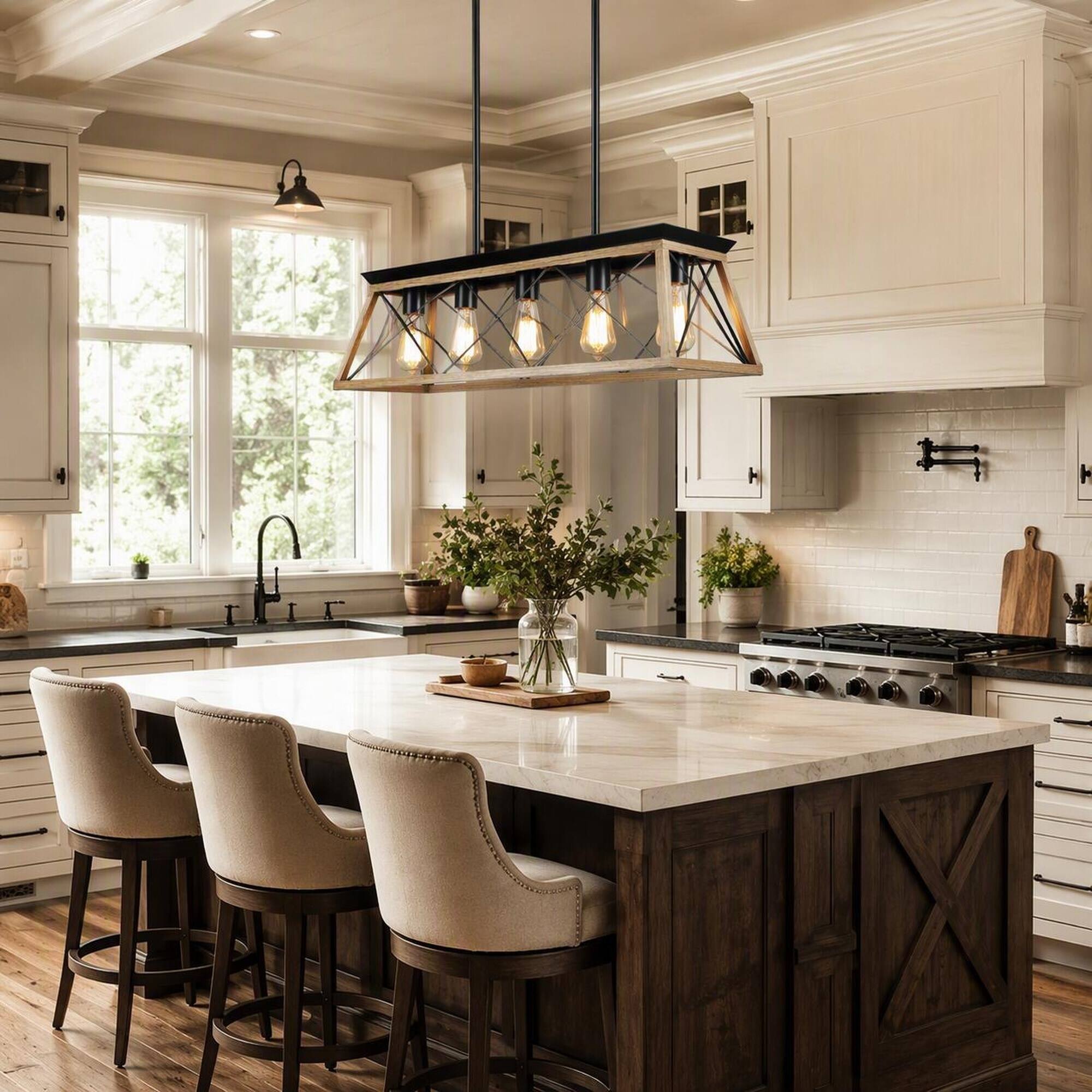 Angle. RYHNUYNE - 32-Inch Oak Finish Industrial 5-Light Pendant Chandelier, Modern Cage Metal Shade, Adjustable Height for Dining Room.