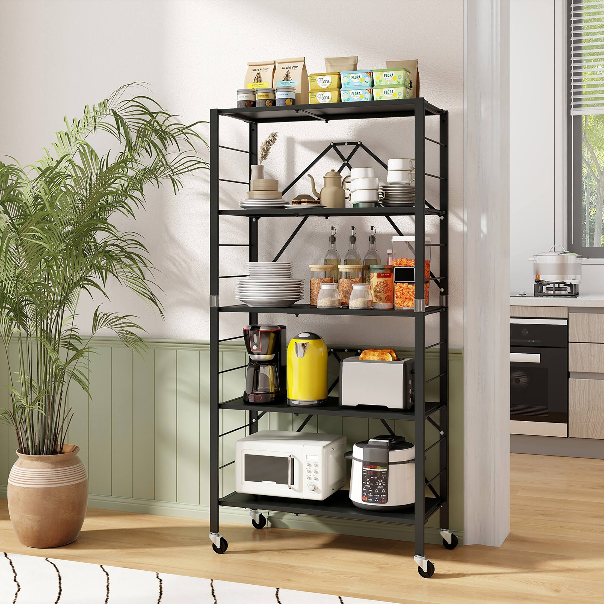 Alt View 1. Gymax - Gymax 2PCS Foldable Storage Shelf w/ Wheels Adjustable Shelves Metal Shelving Unit - Black.