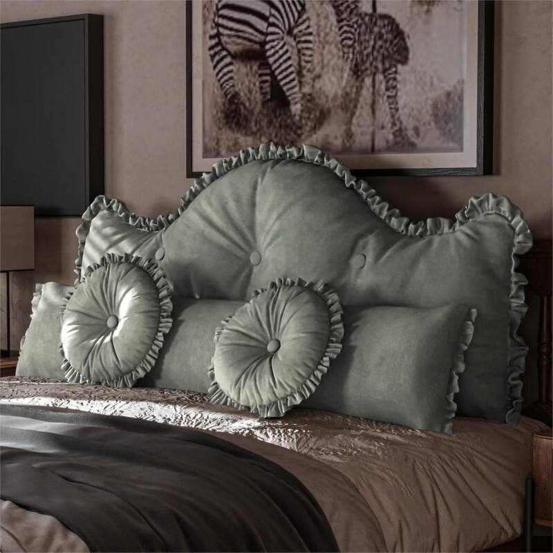 wowmax - King Pillow Set - 4 Piece Headboard, Body & 2 Round Throw Pillows, Aesthetic Bedroom Decor - Gray
