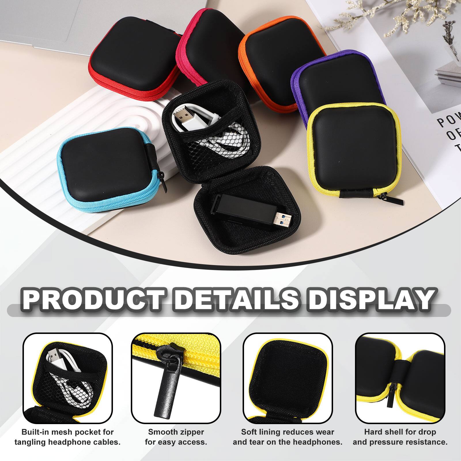 PRODUCT DETAILS DISPLAY

- Built-in mesh pocket for tangling headphone cables.
- Smooth zipper for easy access.
- Soft lining reduces wear and tear on the headphones.
- Hard shell for drop and pressure resistance.