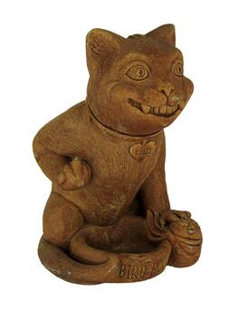 Designer Stone - Rude Killer Kitten Rustic Brown Concrete Bird Feeder Statue - Rust