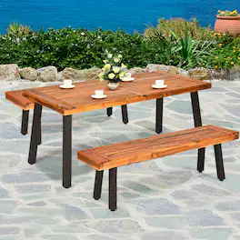 Gymax - 3 PCS Picnic Dining Table Set Acacia Wood Rustic Metal w/ Umbrella Hole - Brown