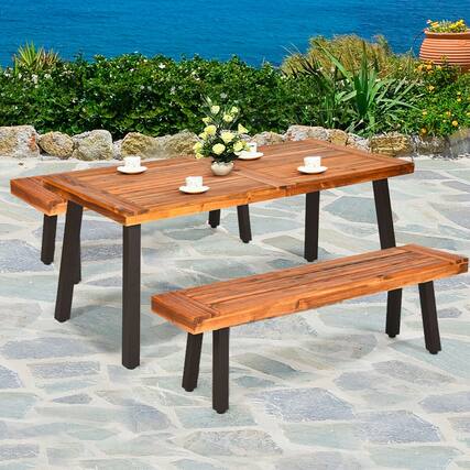 Front. Gymax - Gymax 3 PCS Picnic Dining Table Set Acacia Wood Rustic Metal w/ Umbrella Hole - Brown.