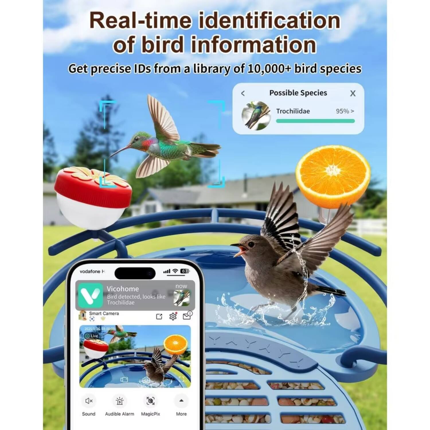 Real-time identification of bird information  
Get precise IDs from a library of 10,000+ bird species  

Possible Species  
Trochilidae 95%  

Vicohome  
Bird detected, looks like Trochilidae  

Smart Camera  
Live  

Sound  
Audible Alarm  
MagicPix  
More