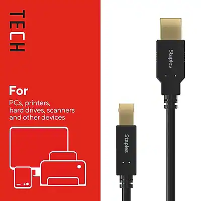 Device Tech Staples Staples TECH 10 ft. USB A to USB B 2.0 Cable, Male to Male Black ...