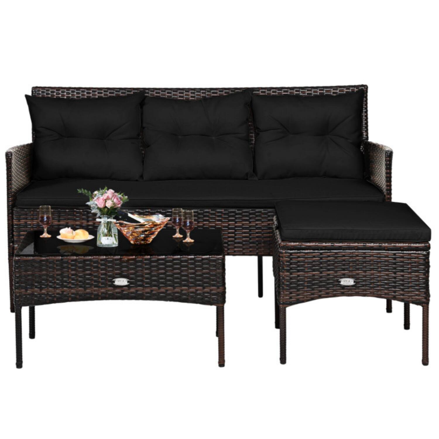 Alt View 4. Mondawe - 60 x 24 x 33 IN Freestanding Patio Sectional Set with Sofa, Ottoman, Table 3-Piece - Mix brown+Black.