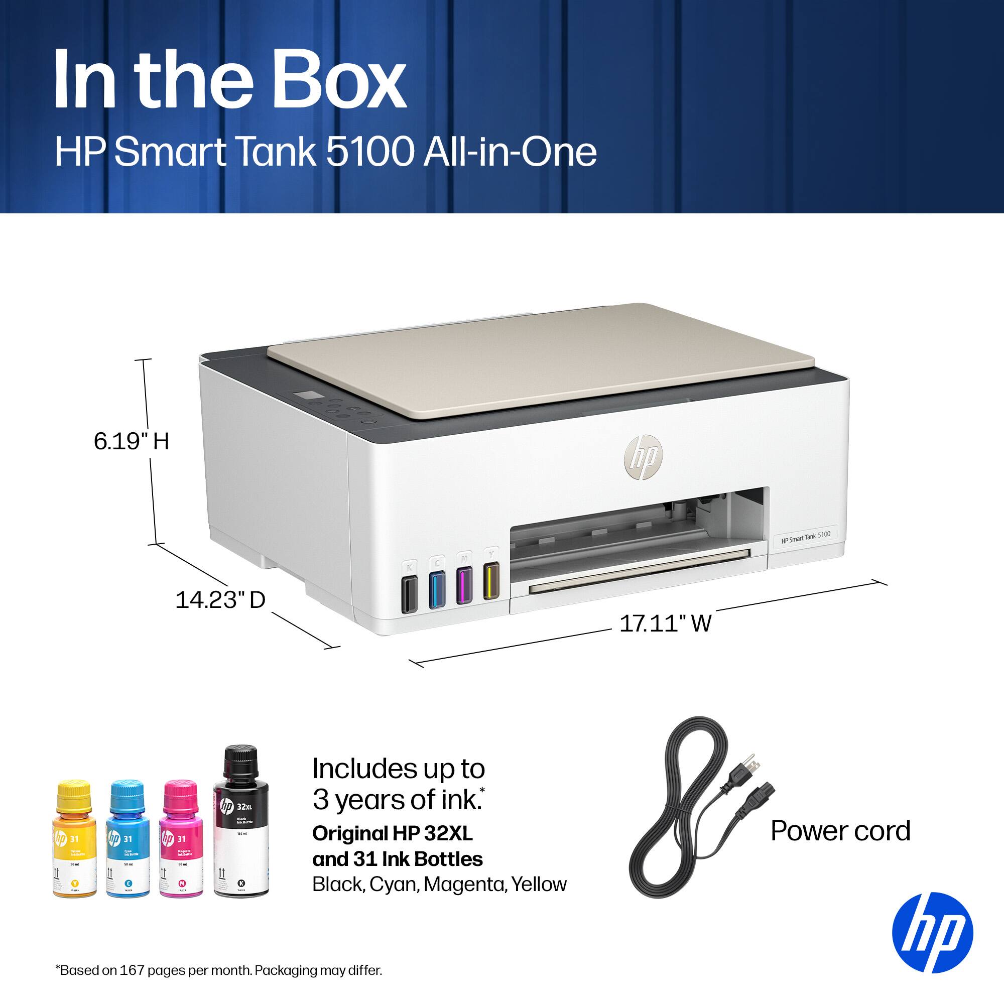 In the Box HP Smart Tank 5100 All-in-One

6.19" H
14.23" D
17.11" W

Includes up to 3 years of ink.
Original HP 32XL and 31 Ink Bottles
Black, Cyan, Magenta, Yellow

Power cord

*Based on 167 pages per month. Packaging may differ.