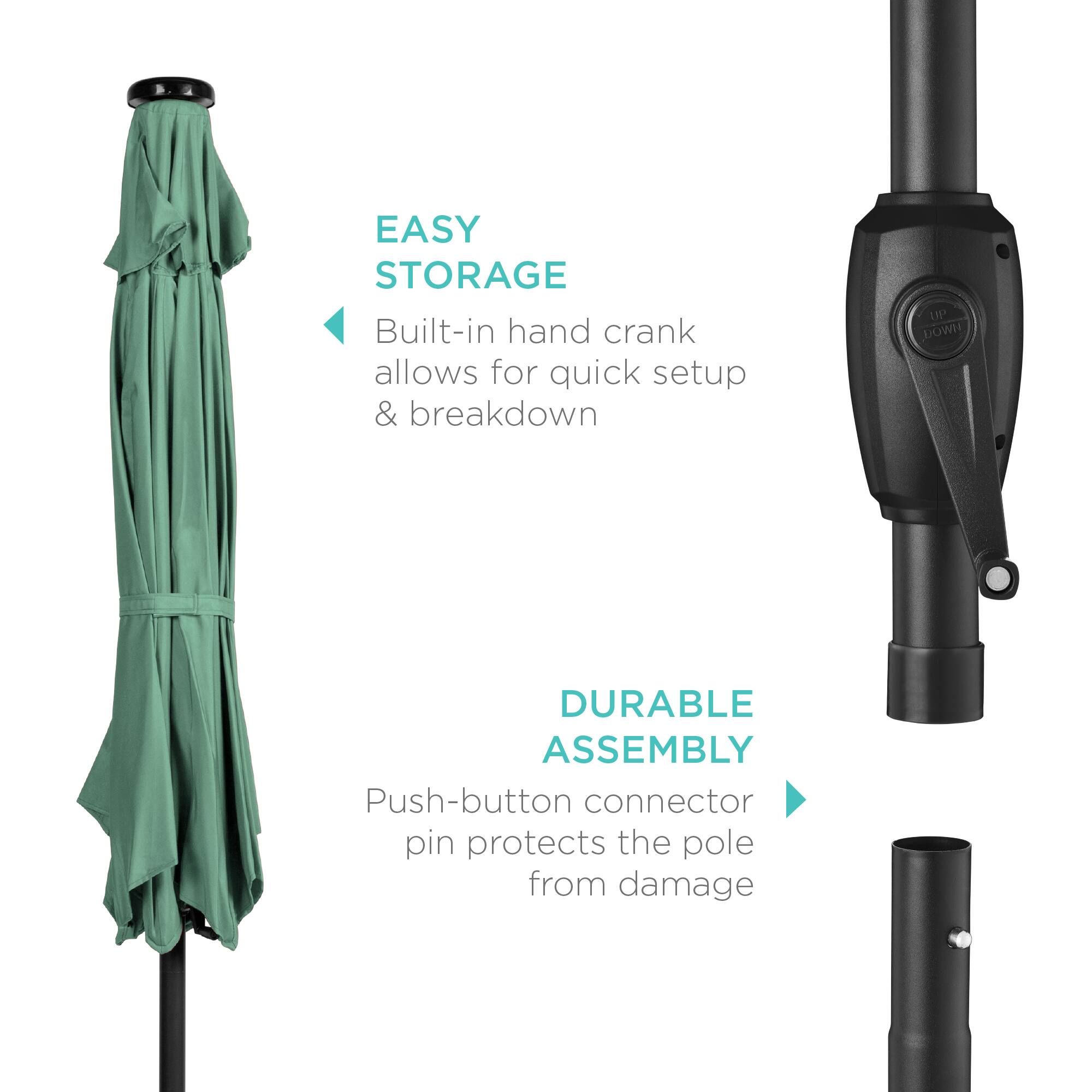 EASY STORAGE  
Built-in hand crank allows for quick setup & breakdown  

DURABLE ASSEMBLY  
Push-button connector pin protects the pole from damage