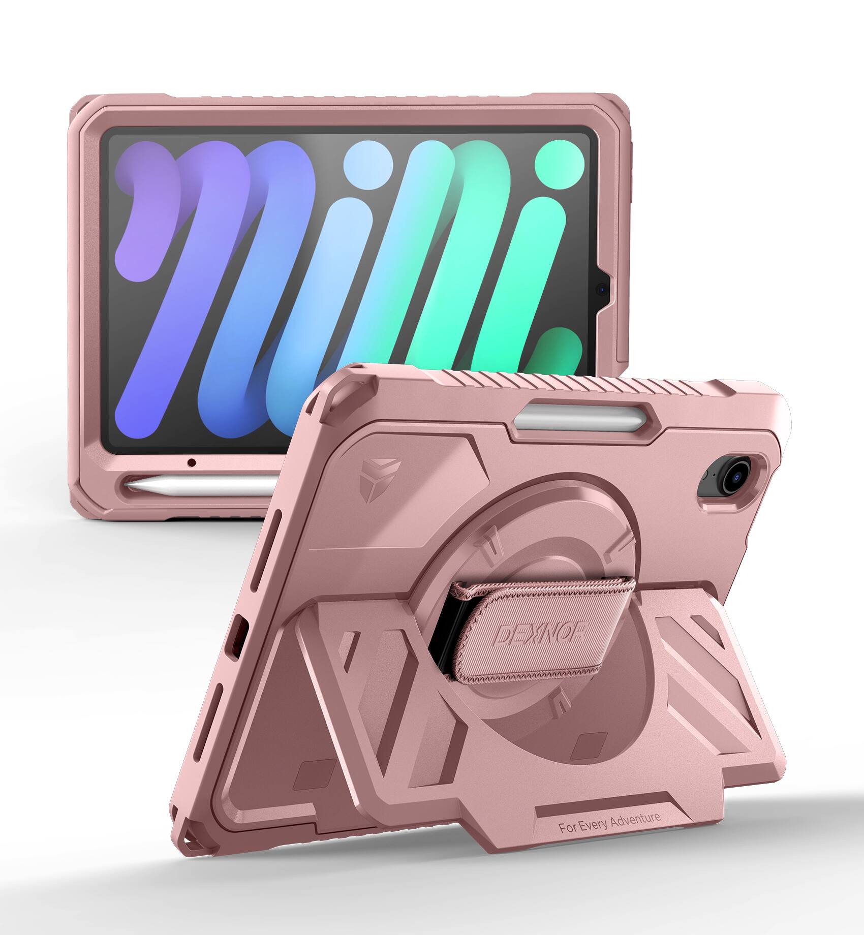 Dexnor - Shockproof Case for iPad mini 7 (A17 Pro)/mini 6 2021 with 360° Rotating Hand Strap & Screen Protector,Full-Body Cover - Peony Pink