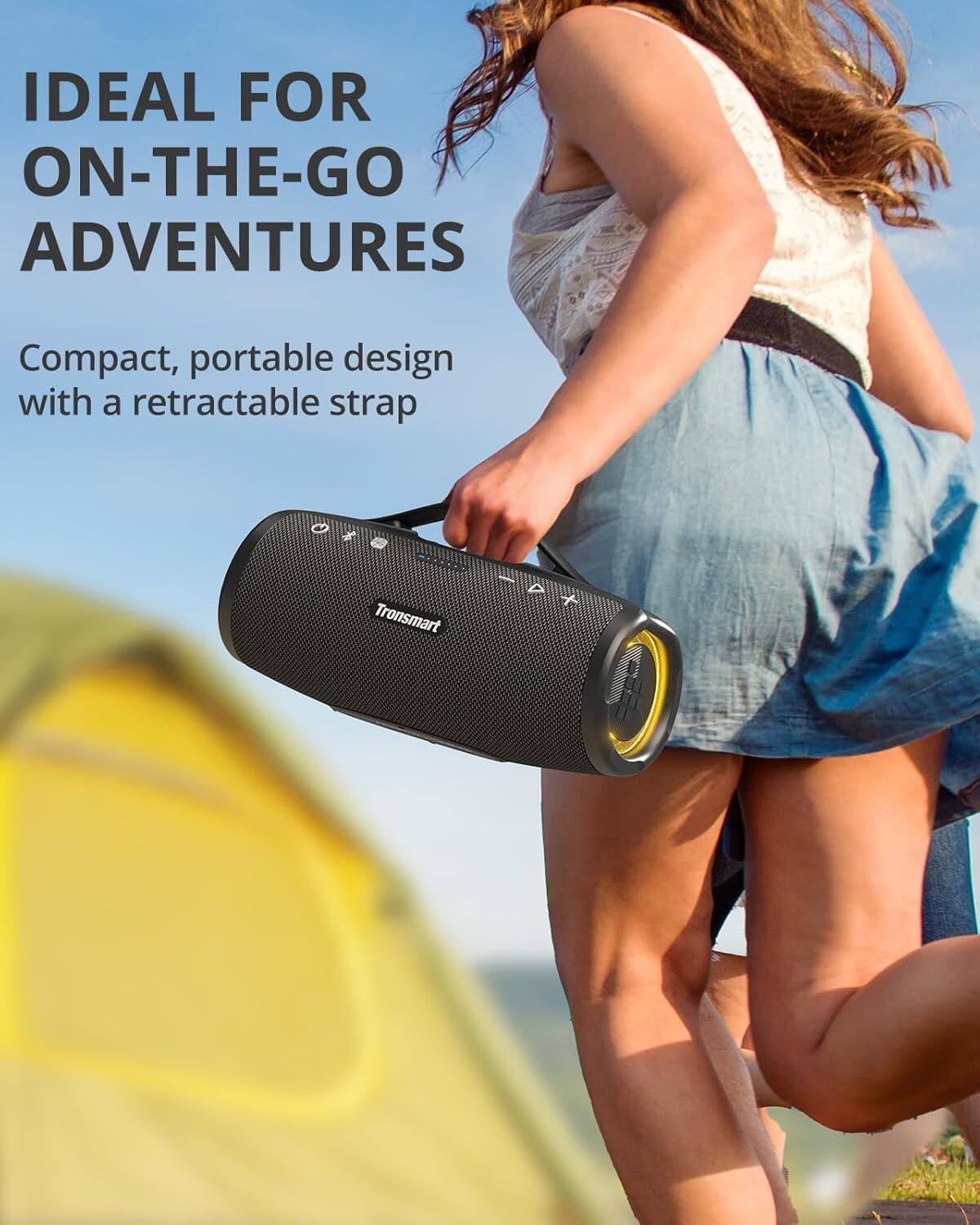 The text on the image reads: "Ideal for on-the-go adventures. Compact, portable design with a retractable strap. Tronsmart."