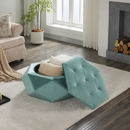 Front. Whisen - Multi-Functional Velvet Polygon Diamond Tufted Storage Ottoman Footrest for Living Room - Green.