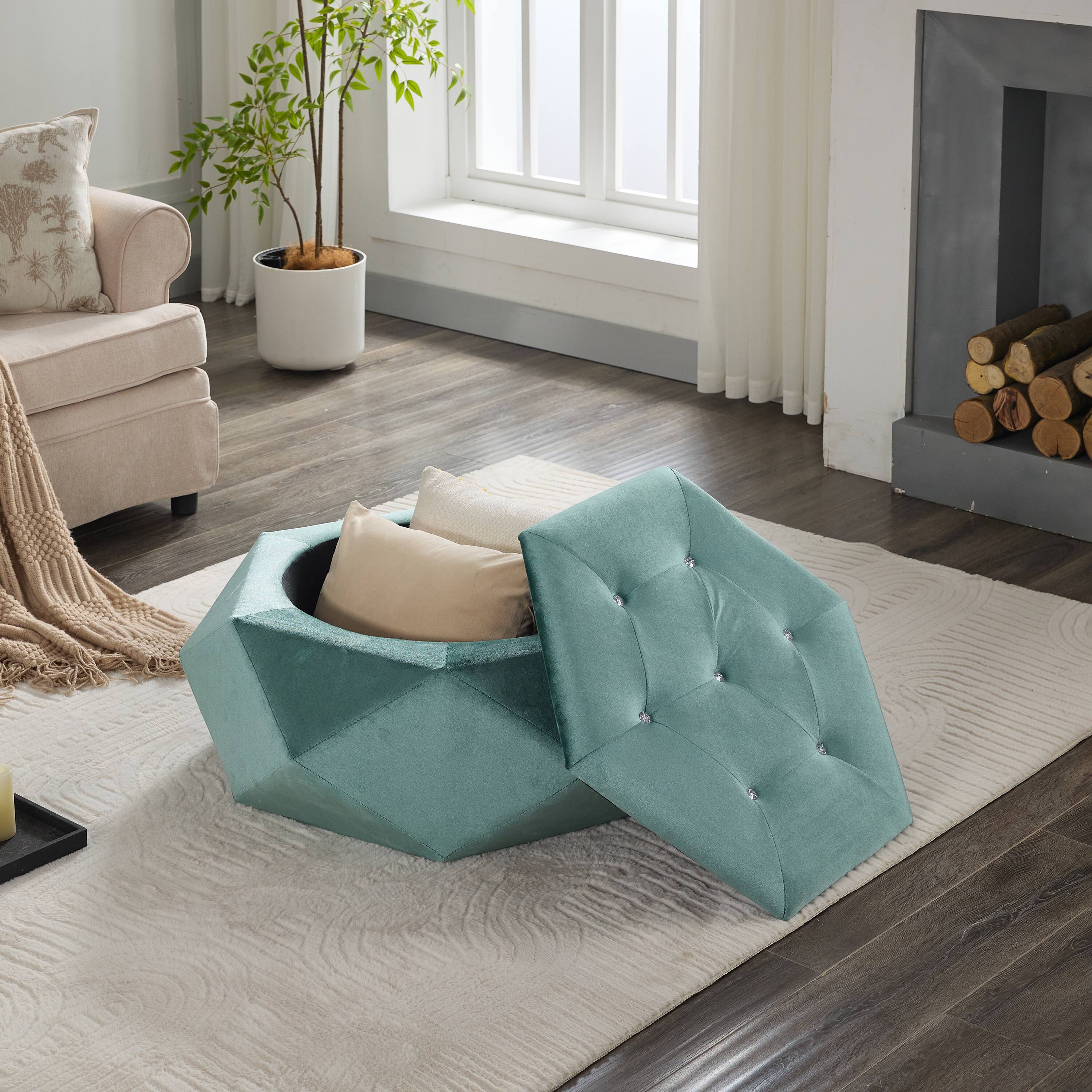 Front. Whisen - Multi-Functional Velvet Polygon Diamond Tufted Storage Ottoman Footrest for Living Room - Green.