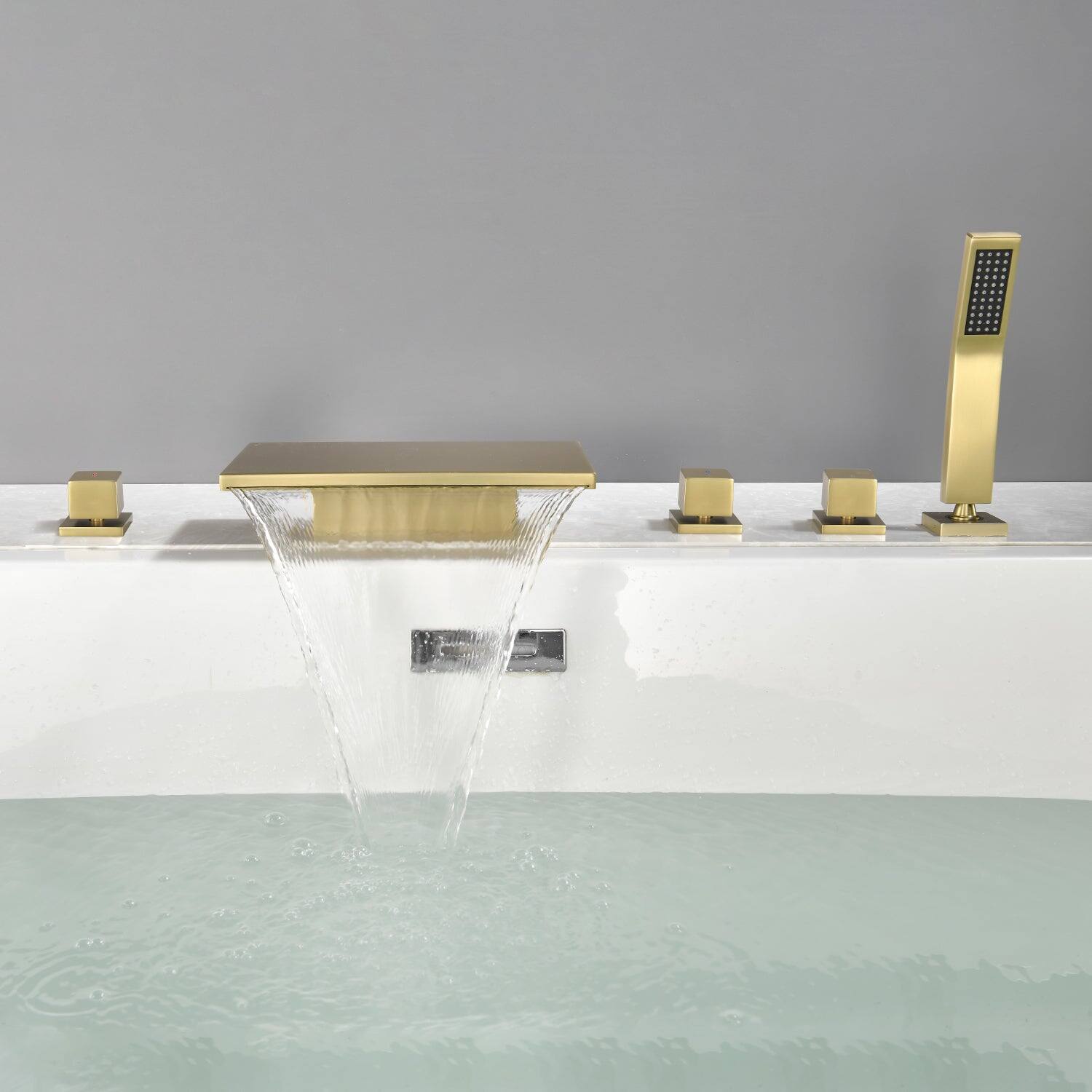 Alt View 1. Boyel Living - Brushed Gold Five-Hole Waterfall Bath Faucet with Handheld Shower SUS304 Material cUPC Certified - Brushed Gold.