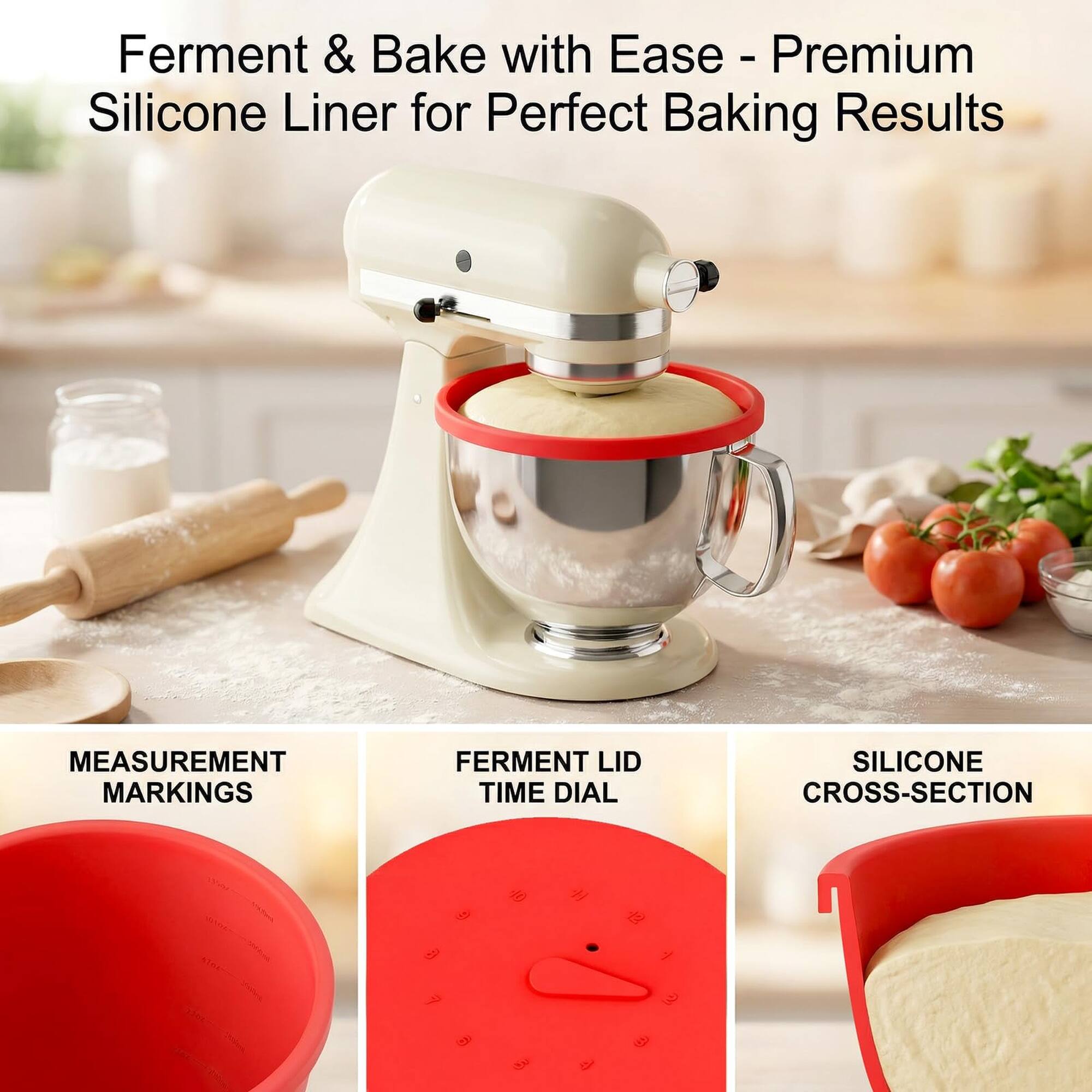 Ferment & Bake with Ease - Premium Silicone Liner for Perfect Baking Results

- MEASUREMENT MARKINGS
- FERMENT LID TIME DIAL
- SILICONE CROSS-SECTION