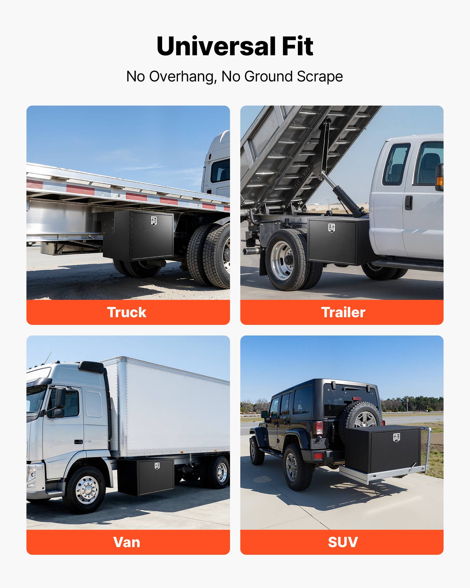 Universal Fit  
No Overhang, No Ground Scrape  

Truck  
Trailer  
Van  
SUV