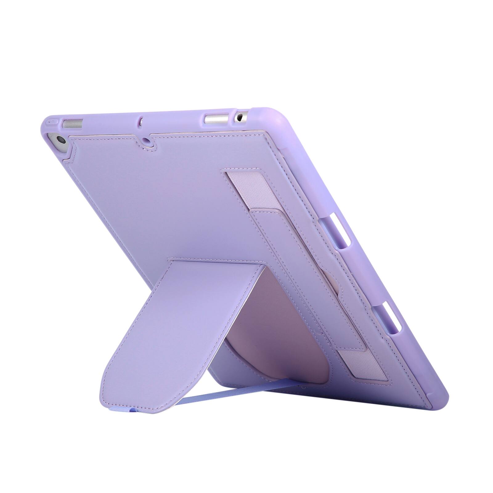 Back. Dteck - Shockproof Case for Apple iPad (9th Generation) 10.2" 2021 with Hand Strap Kickstand, PU Leather TPU Protective Cover - Purple.