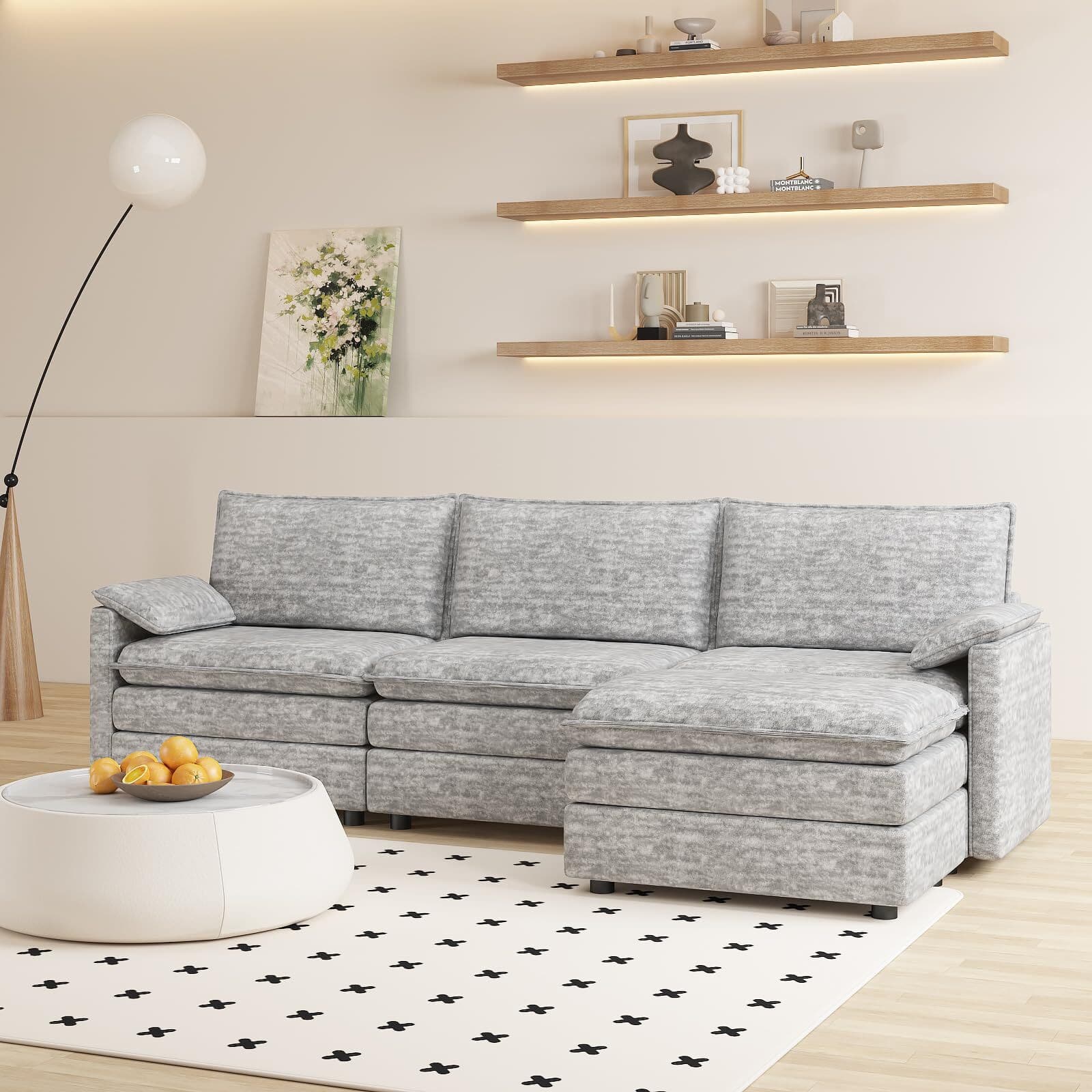 Acekool - 108" Modular Sectional Couch with Ottoman, Modern Comfy Cloud Couch, Chenille L Shaped - light gray