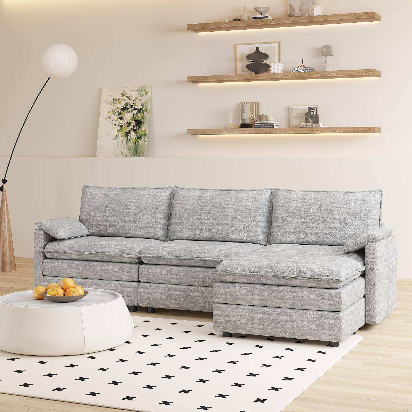Front. Acekool - 108" Modular Sectional Couch with Ottoman, Modern Comfy Cloud Couch, Chenille L Shaped - light gray.