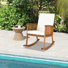 Gymax - Patio Wooden Rocking Chair Lawn Garden Outdoor w/ Armrest Cushion - Teak