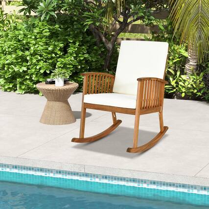 Front. Gymax - Gymax Patio Wooden Rocking Chair Lawn Garden Outdoor w/ Armrest Cushion - Teak.
