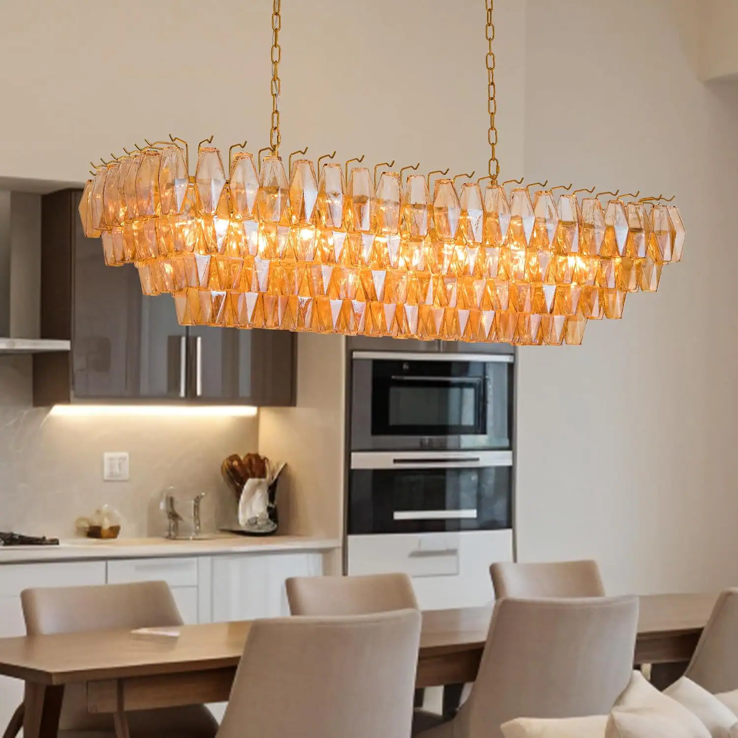 Tiramisubest - 54" Modern Large Rectangle Chandelier,12-Light with Smoke Glass Ceiling Lights,Farmhouse Pendant Lighting Fixture - Gold