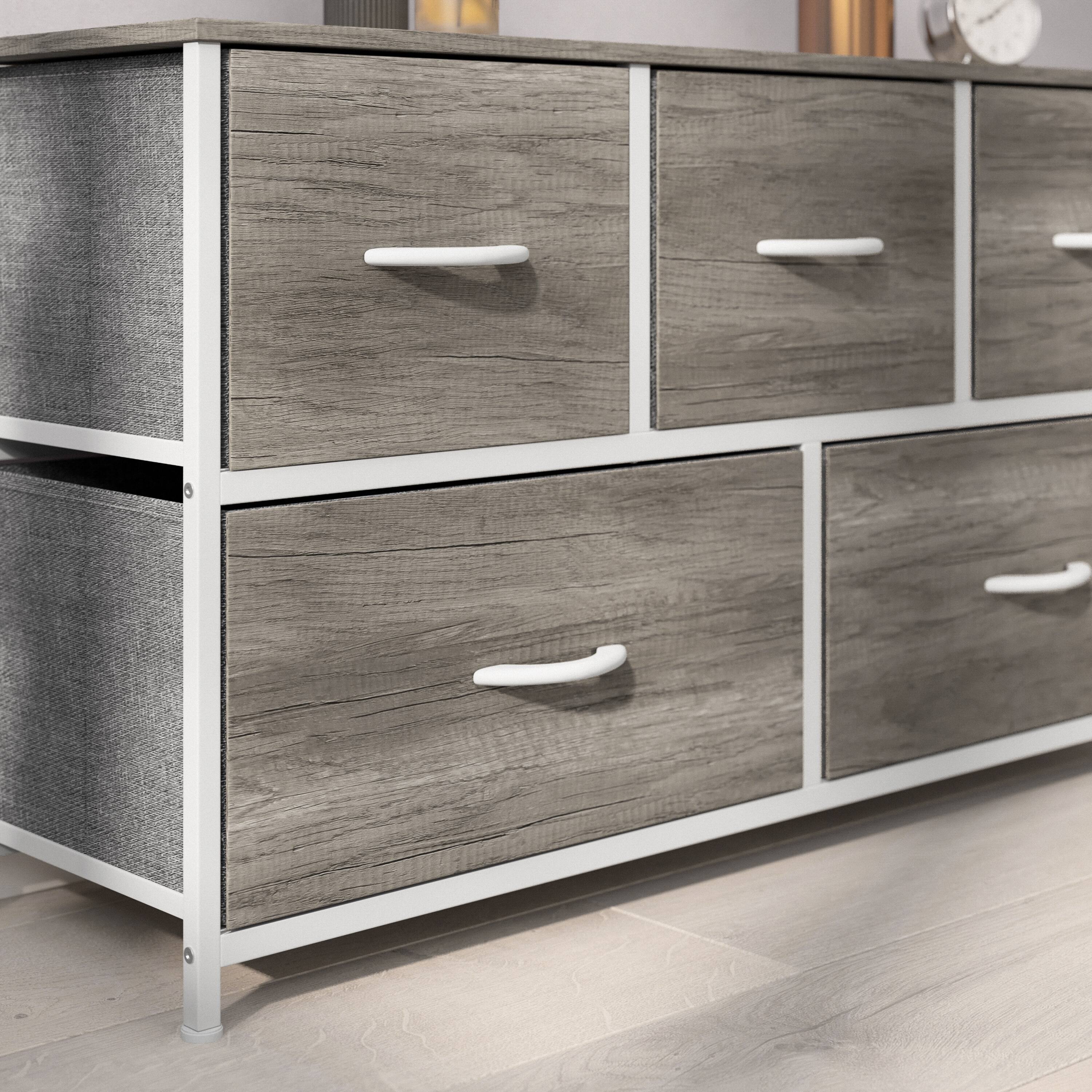 Alt View 4. Emma + Oliver - Marley 5 Drawer Storage Dresser with Cast Iron Frame, Wood Top, and Easy Pull Fabric Drawers with Wooden Handles - Light Natural Drawers/White Frame.