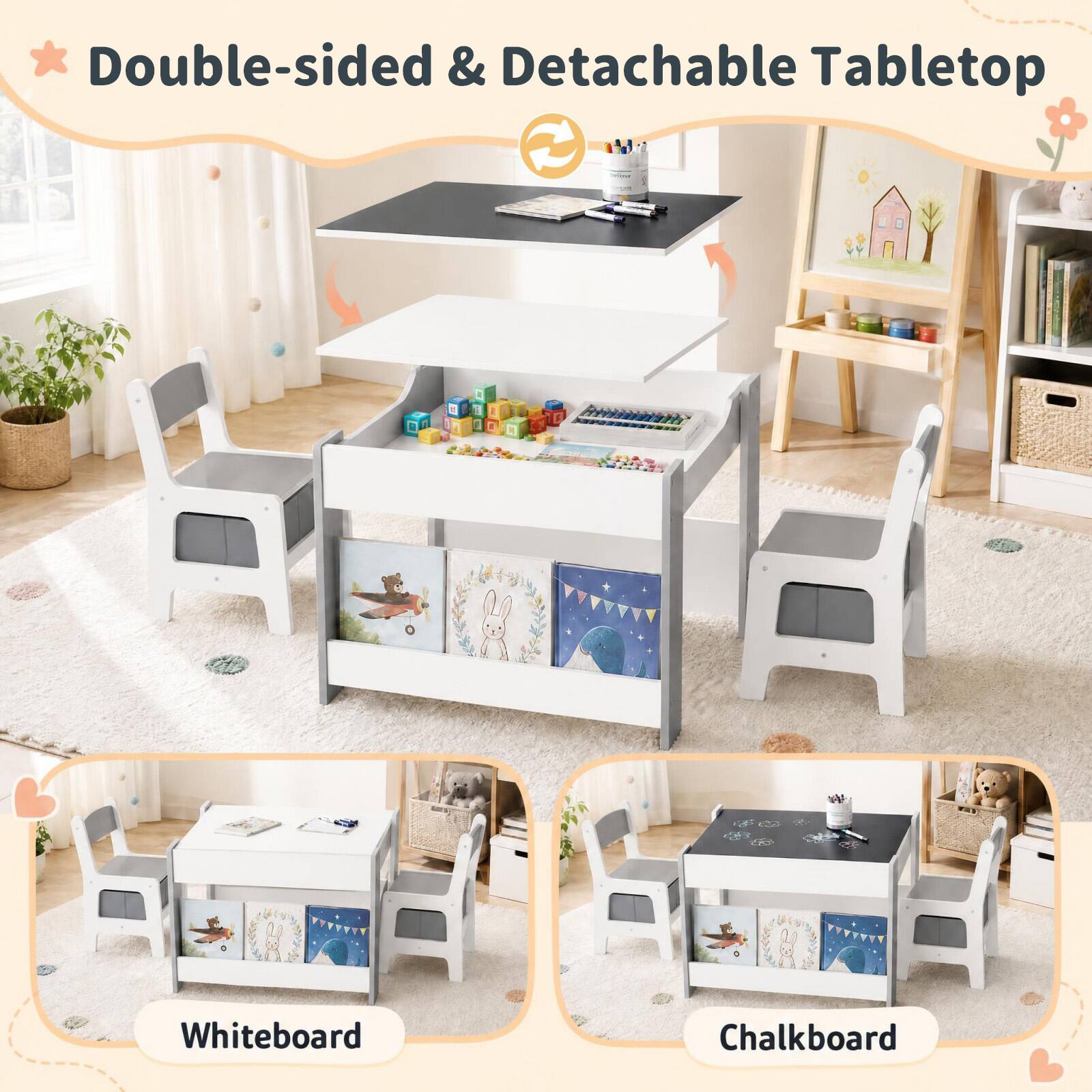 Double-sided & Detachable Tabletop

Whiteboard

Chalkboard