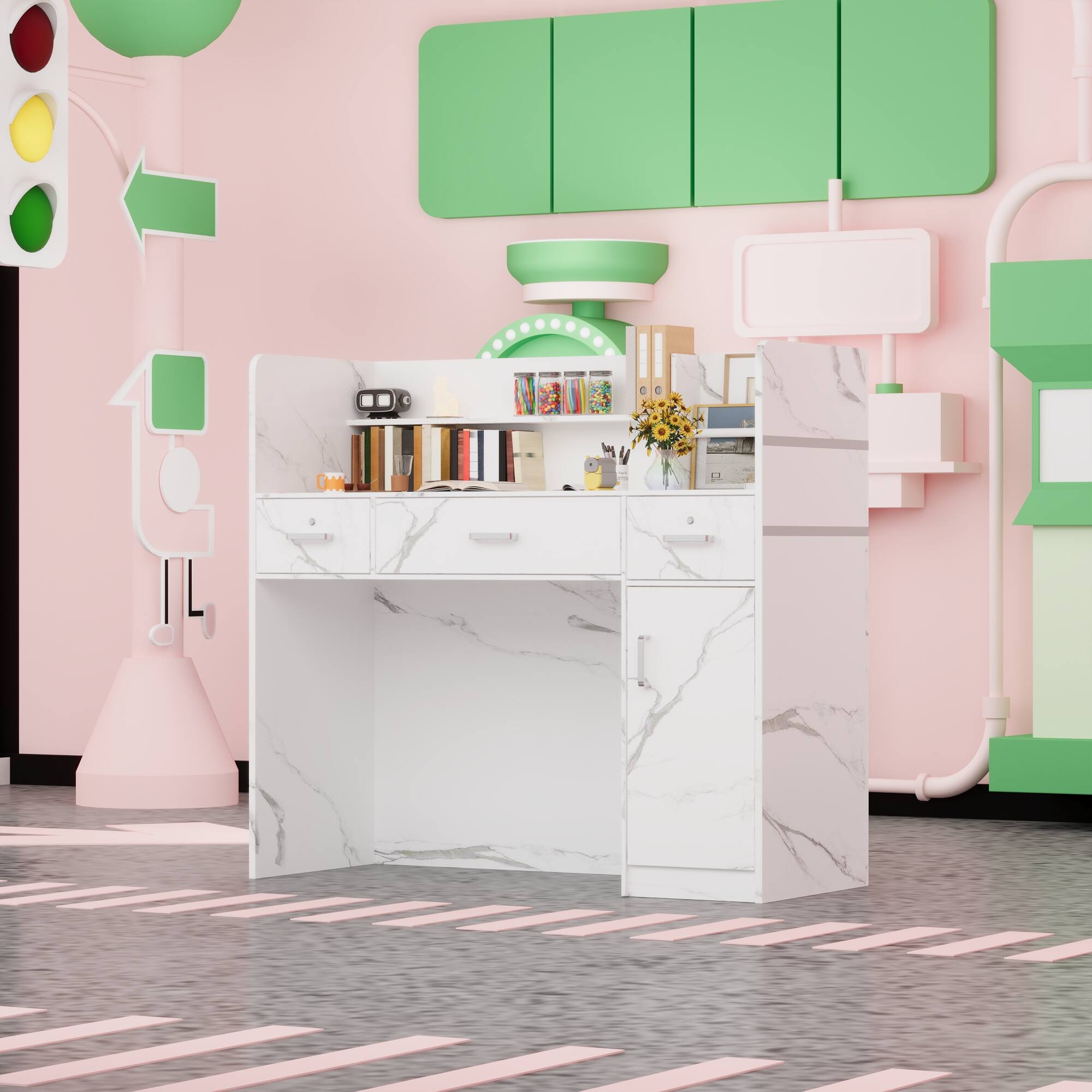 Back. Famapy - Marble Pattern Desk with Drawer and Cabinet, Computer Desk, Office Reception Table, Study Writing Table with Storage - Marble White.