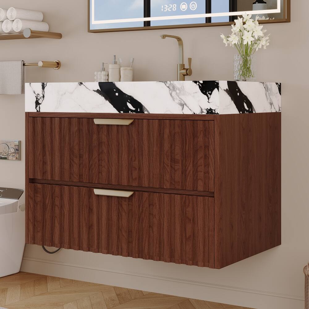 Alt View 2. Loheer - Loheer 30 inch floating bathroom vanity Walnut Modern Wall Mounted Cabinet with Ceramic Sink - Walnut, White.
