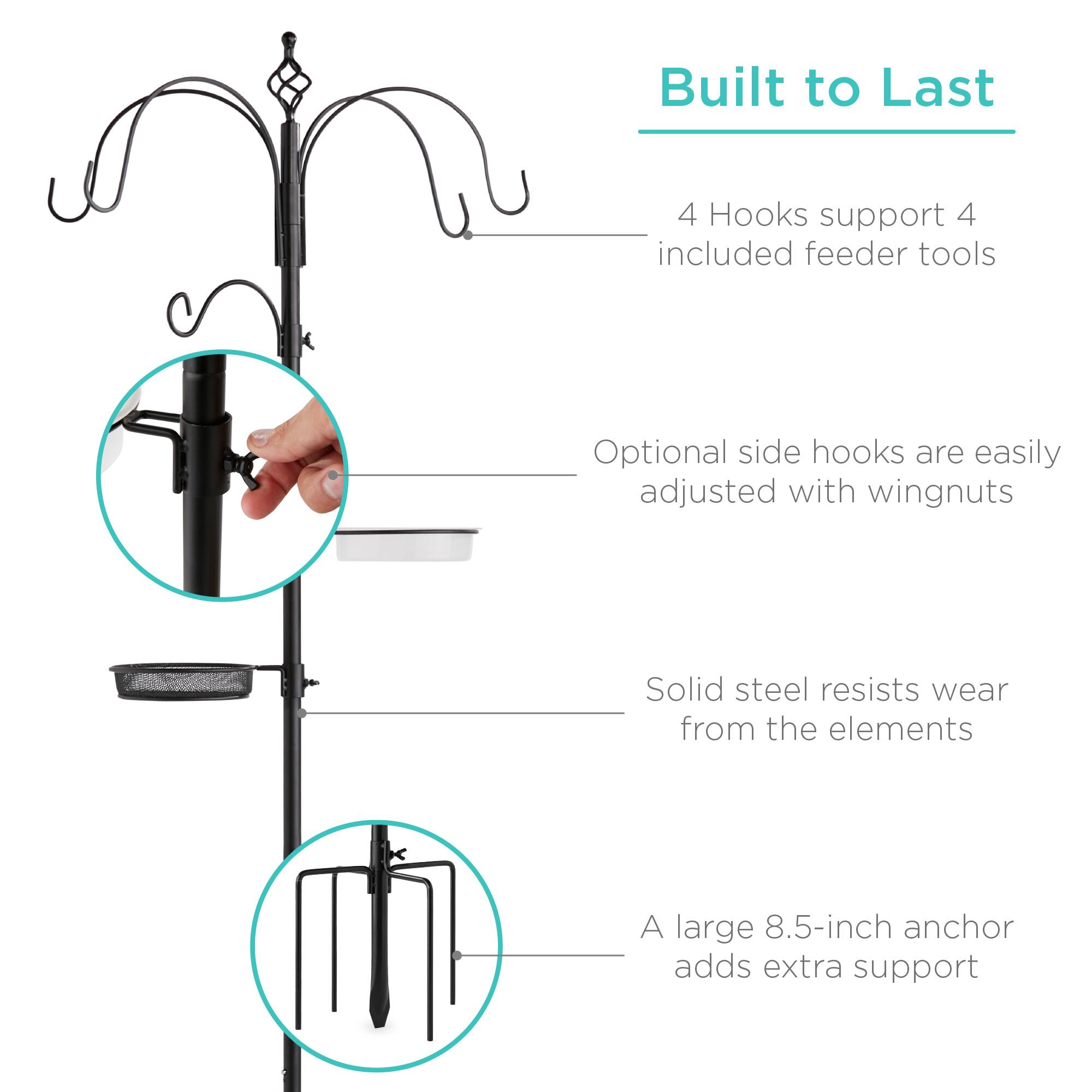 Built to Last

- 4 Hooks support 4 included feeder tools
- Optional side hooks are easily adjusted with wingnuts
- Solid steel resists wear from the elements
- A large 8.5-inch anchor adds extra support