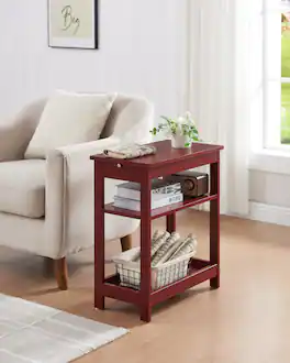 Kings Brand Furniture - Slim Wood Side End Table with Storage Shelves & Pull-Out Tray - White