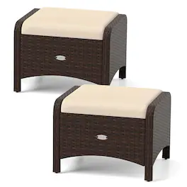 Costway - 2 Pieces Outdoor Patio PE Wicker Ottomans with Removable Cushions Footstools - Mixed Brown + Beige