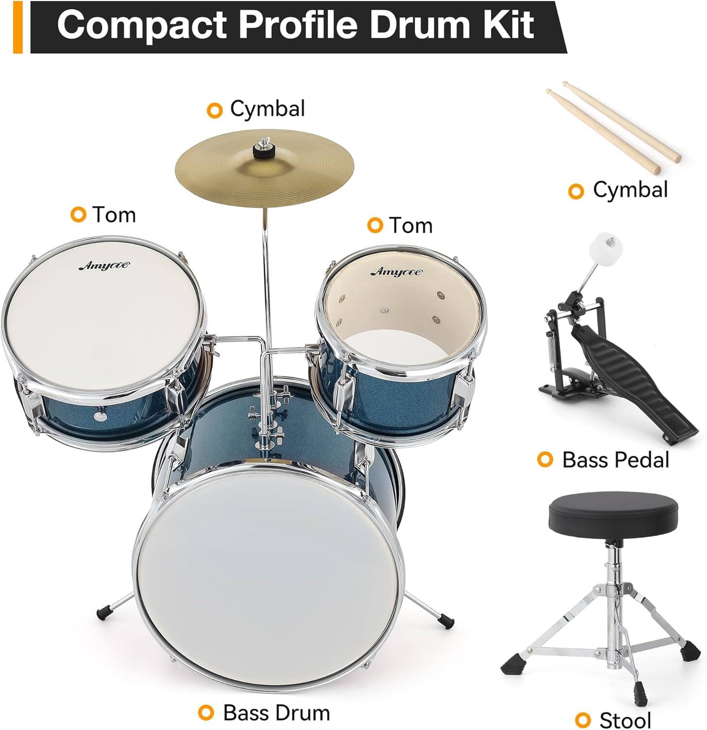 Compact Profile Drum Kit

- Cymbal
- Tom
- Tom
- Cymbal
- Bass Drum
- Bass Pedal
- Stool