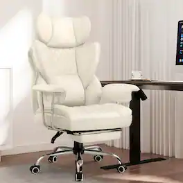 CloudRest Pro - 400lbs Heavy Duty Office Chair Faux Leather Wide Ergonomic Comfy Executive Chair - Beige