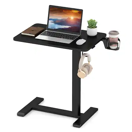 Front. Costway - Costway C Shaped Side Table Height Adjustable Overbed Bedside Table with Hook & Cup Holder - Black.