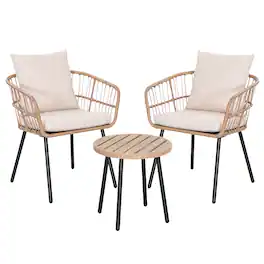 Nuu Garden - 3-Piece Metal and PE Wicker Patio Bistro Set with Soft Cushions - Beige