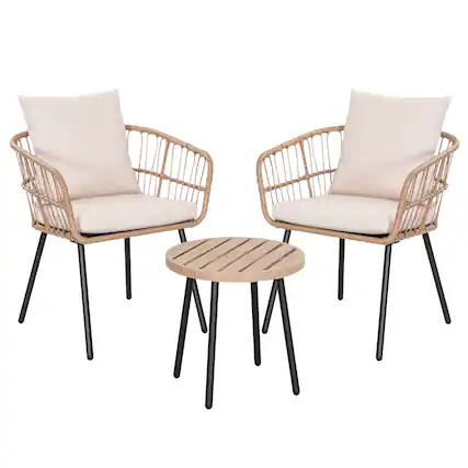 Front. Nuu Garden - 3-Piece Metal and PE Wicker Patio Bistro Set with Soft Cushions - Beige.