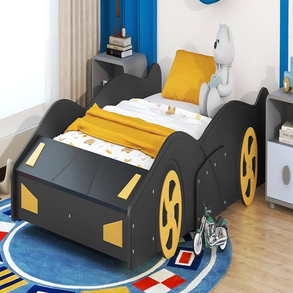 Alt View 3. Loheer - Loheer Full Size Race Car Bed with Storage, Black Yellow Car Shaped Platform Bed - Black+Yellow.