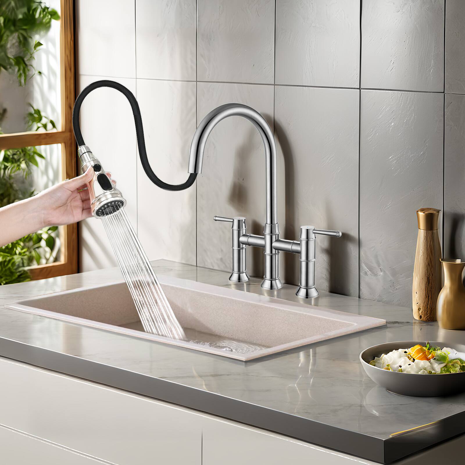 Back. Siljoy - Bridge Kitchen Faucet Pull Down Sprayer Spot Free Stainless Steel Commercial Grade​ - Brushed Nickel.