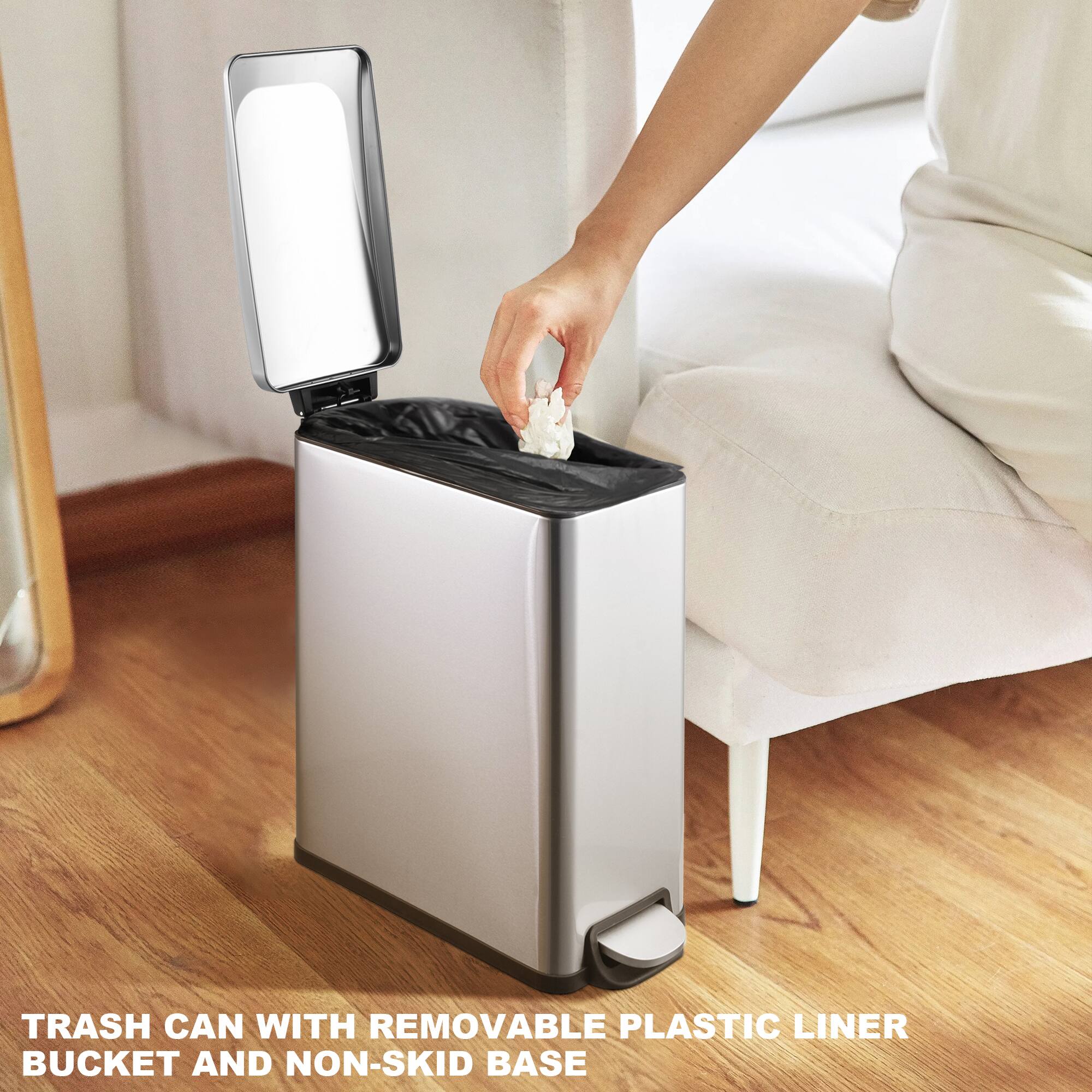 TRASH CAN WITH REMOVABLE PLASTIC LINER BUCKET AND NON-SKID BASE