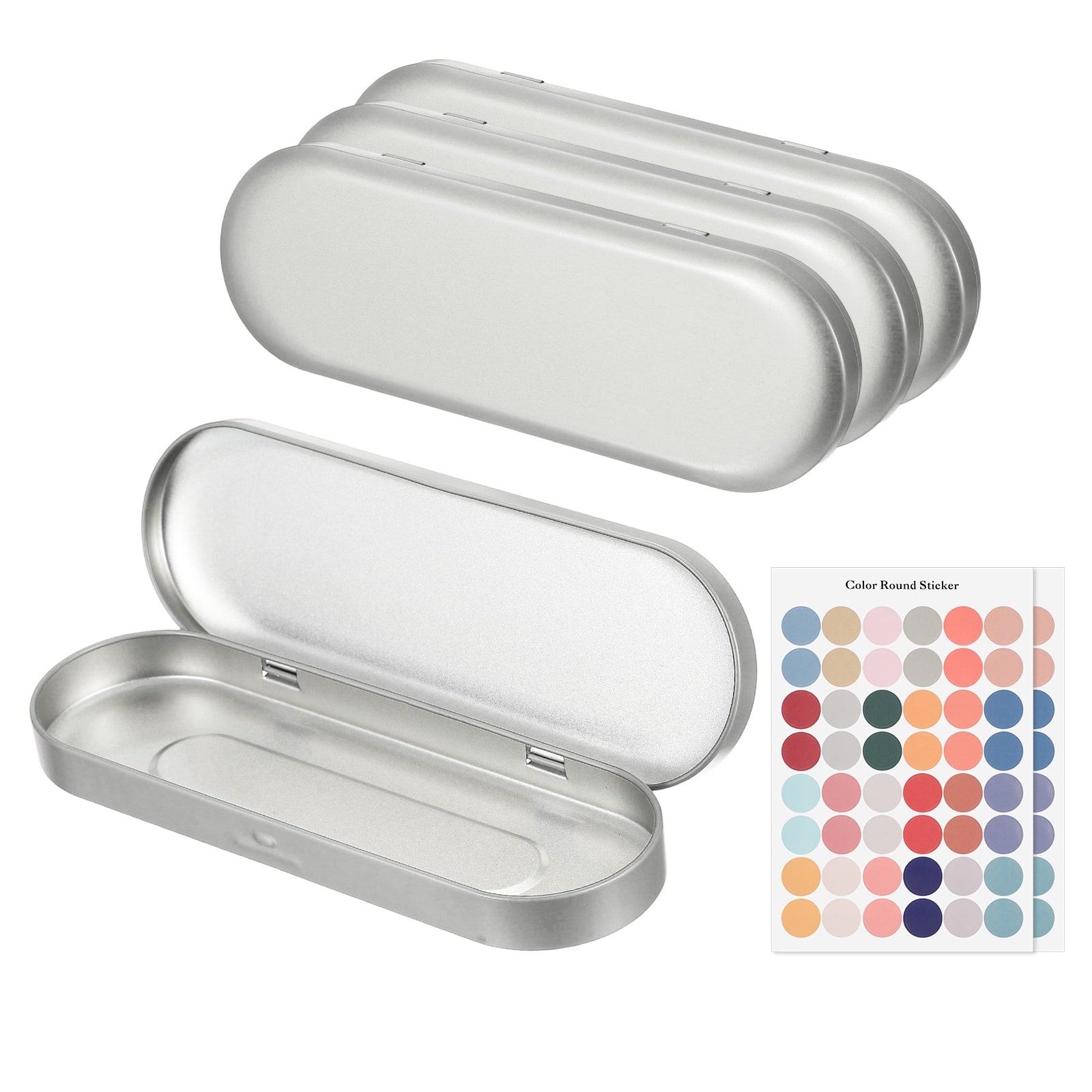 Unique Bargains - 4pcs Metal Tin Box, 6.9x2.4x0.7" Oval Hinged Lid with Self-Adhesive Sticker, Mini Storage for Candy Drawing Pin Crafts - Silver