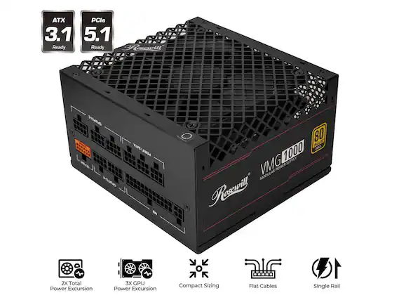 ATX 3.1 PCIe 5.1 Ready
Rosewill VMG 1000 Modular Power Supply
80 PLUS Gold
2X Total Power Excursion
3X GPU Power Excursion
Compact Sizing
Flat Cables
Single Rail