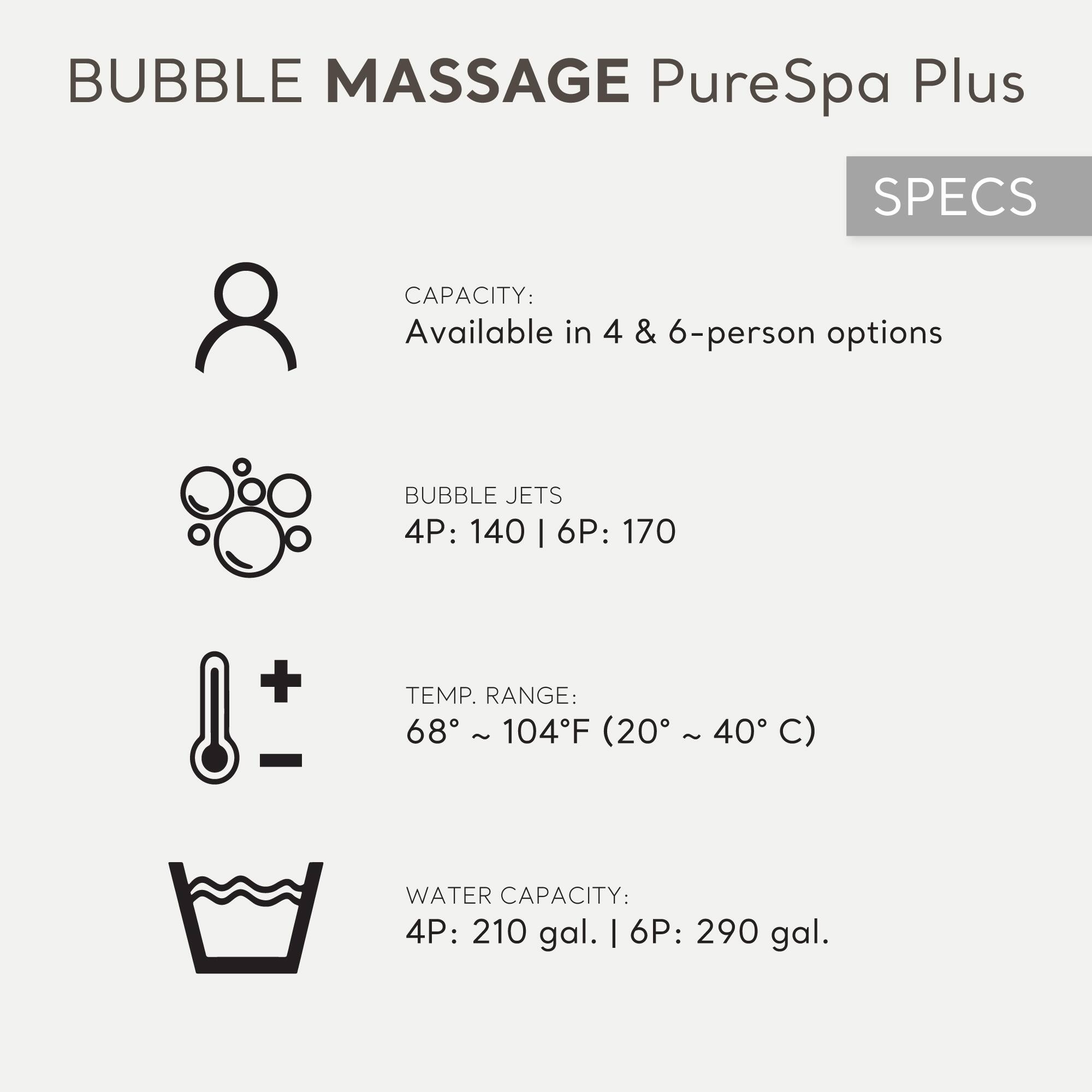 BUBBLE MASSAGE PureSpa Plus  
SPECs  

CAPACITY:  
Available in 4 & 6-person options  

BUBBLE JETS  
4P: 140 | 6P: 170  

TEMP. RANGE:  
68° ~ 104°F (20° ~ 40° C)  

WATER CAPACITY:  
4P: 210 gal. | 6P: 290 gal.